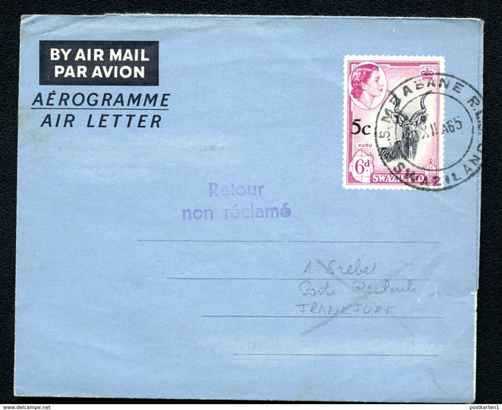 SWAZILAND Air Letter #F18 Used MBABANE To Germany 1965 - Swasiland (...-1967)