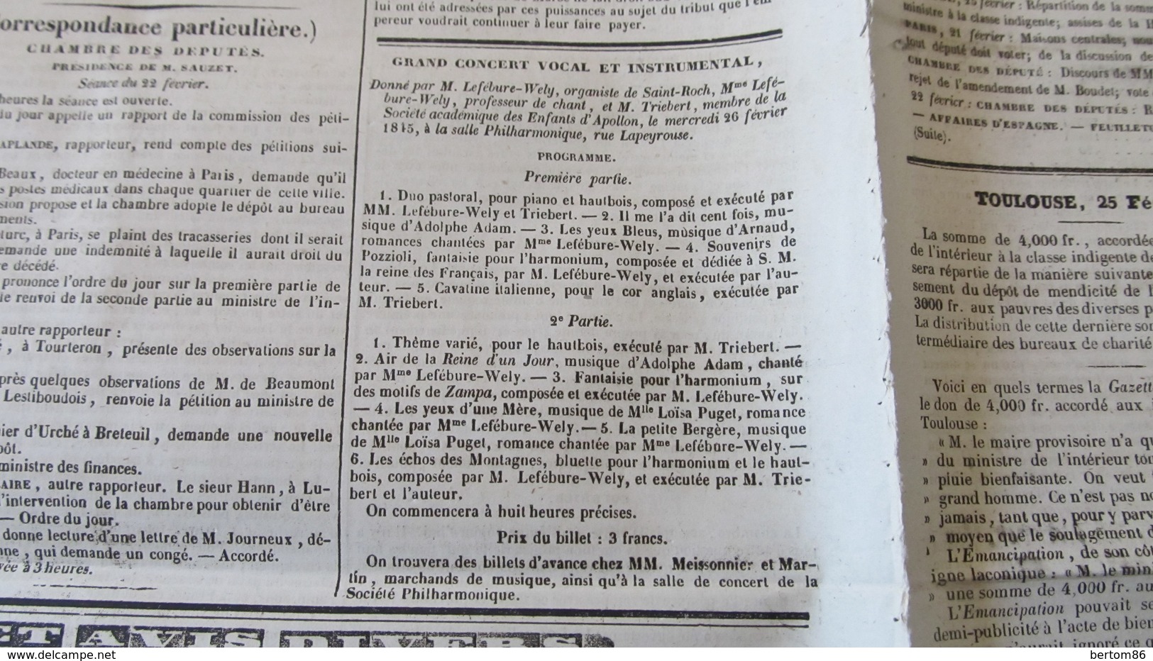 LEFEBURE-WELY - ORGANISTE DE SAINT-ROCH - GRAND CONCERT VOCAL ET INSTRUMENTAL - PROGRAMME - TOULOUSE  1845. - Plakate