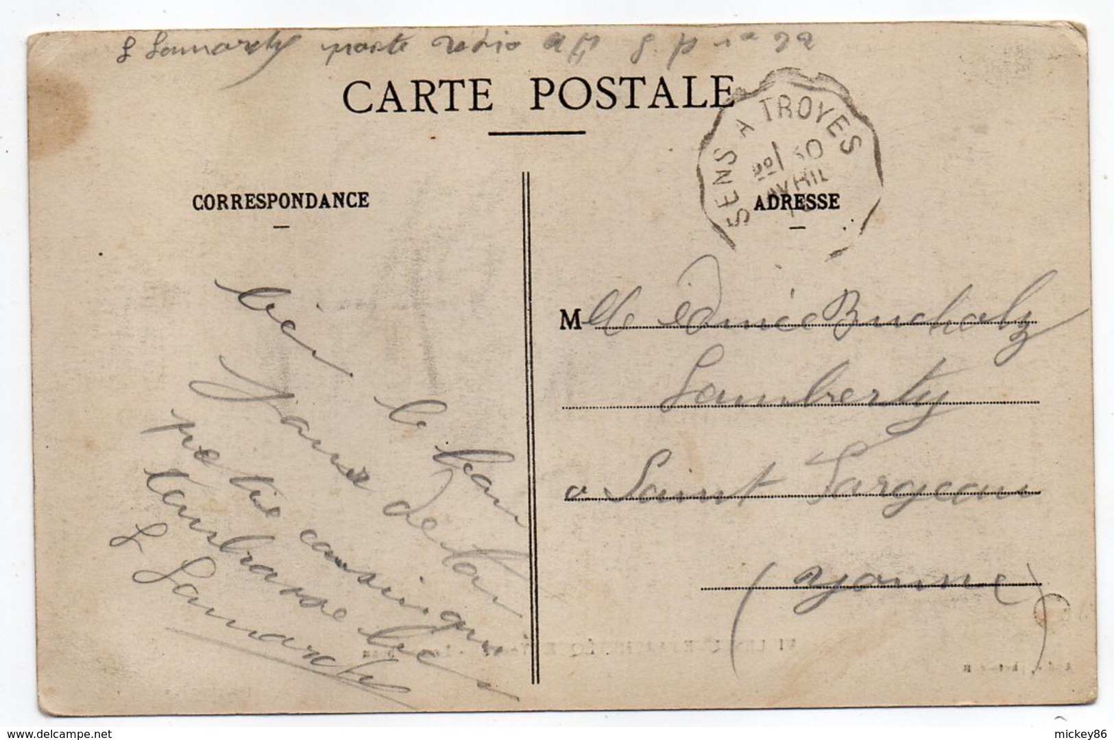 Cachet  Ambulant "SENS à TROYES" Sur Carte Postale  De Villeneuve L'Archevêque-le Tombeau - Railway Post