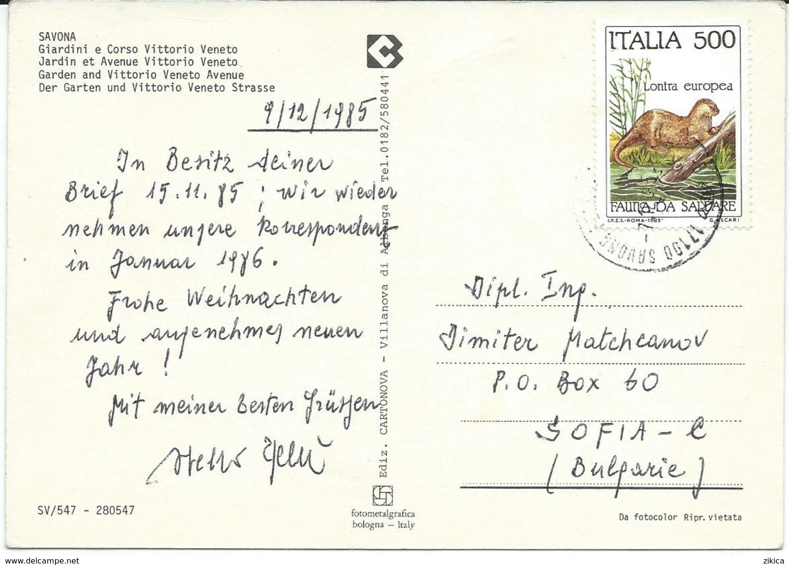 Savona Postcard.Italy Via Bulgaria.nice Stamp 1985 Nature Conservation.fauna.animals - 1981-90: Marcophilie