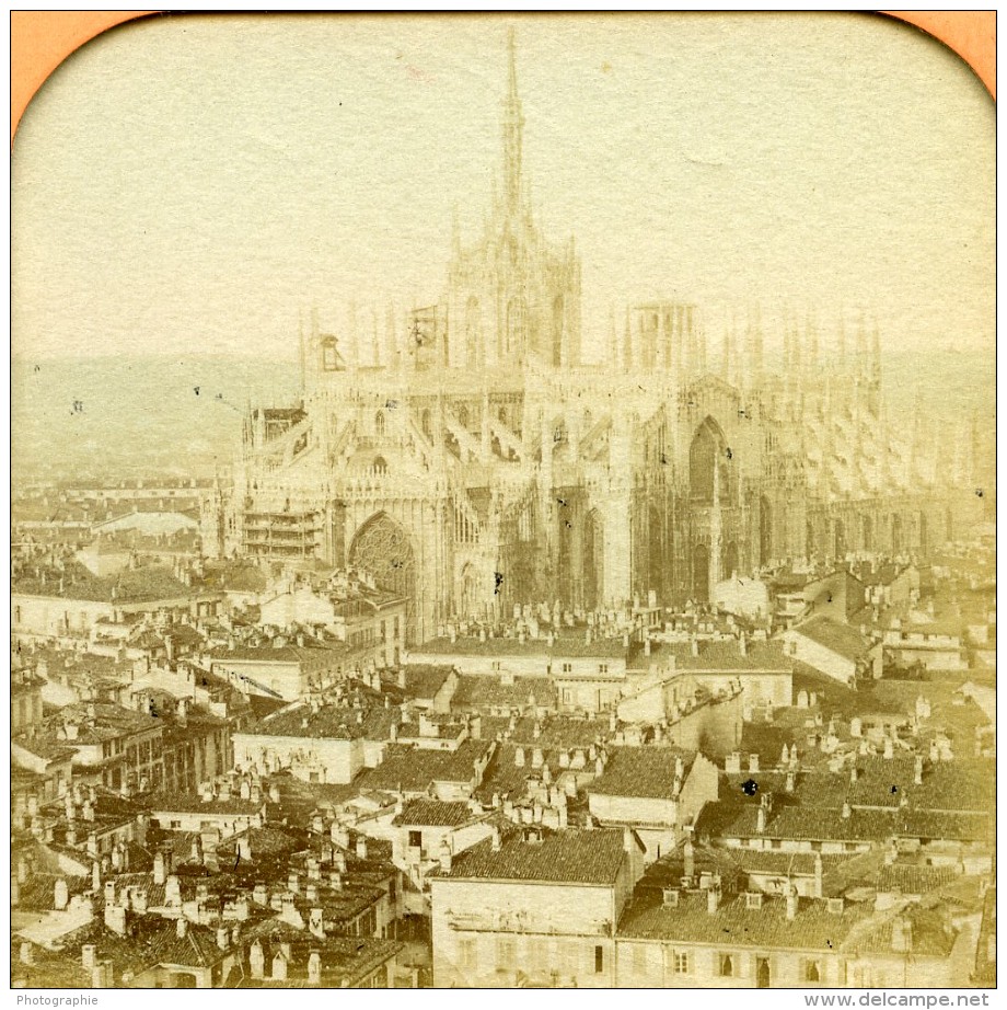 Italie Milan Cathedrale Panorama Anciennne Photo Stereo Transparente BK 1865 - Photos Stéréoscopiques