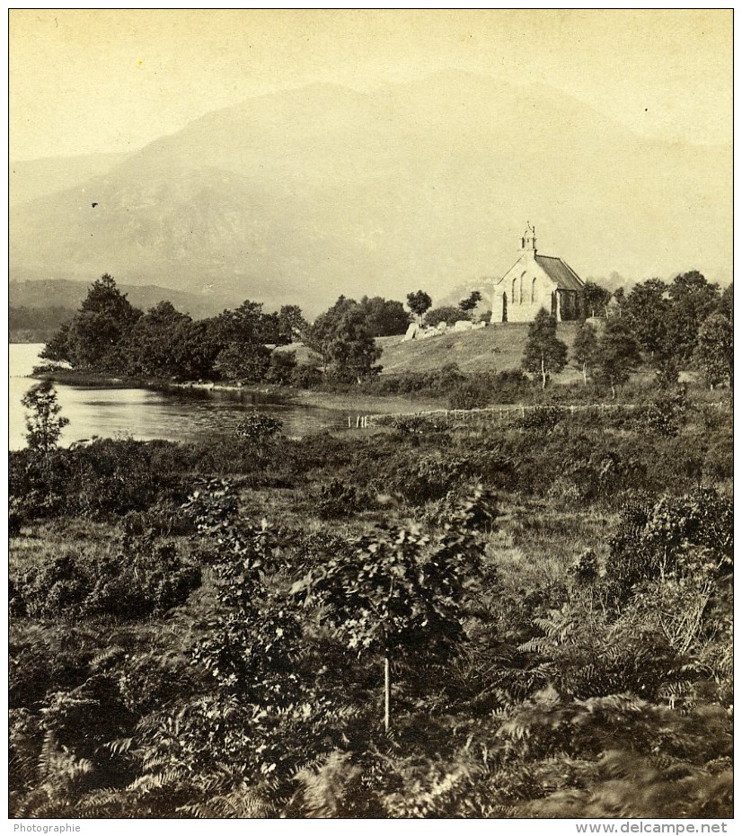 Ecosse Loch Achray Chapelle Des Trossachs Anciennne Photo Stereo GW Wilson 1865 - Stereoscopic