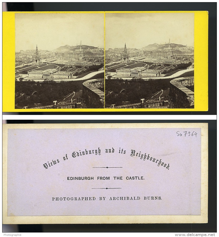 Royaume Uni Ecosse Edimbourg Vue Generale Depuis Le Château Anciennne Photo Stereo Burns 1865 - Stereoscopic