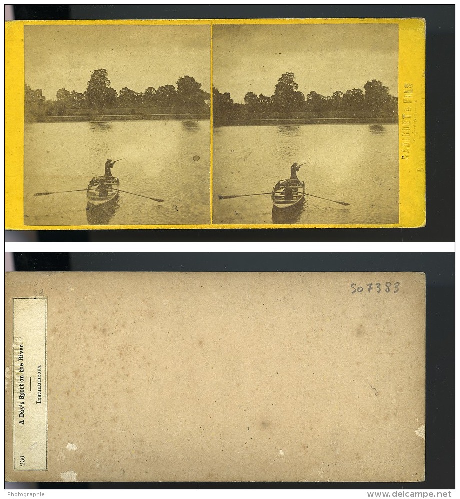 Royaume Uni Scene De Chasse En Barque Sur La Riviere Anciennne Photo Stereo 1865 - Stereoscopic