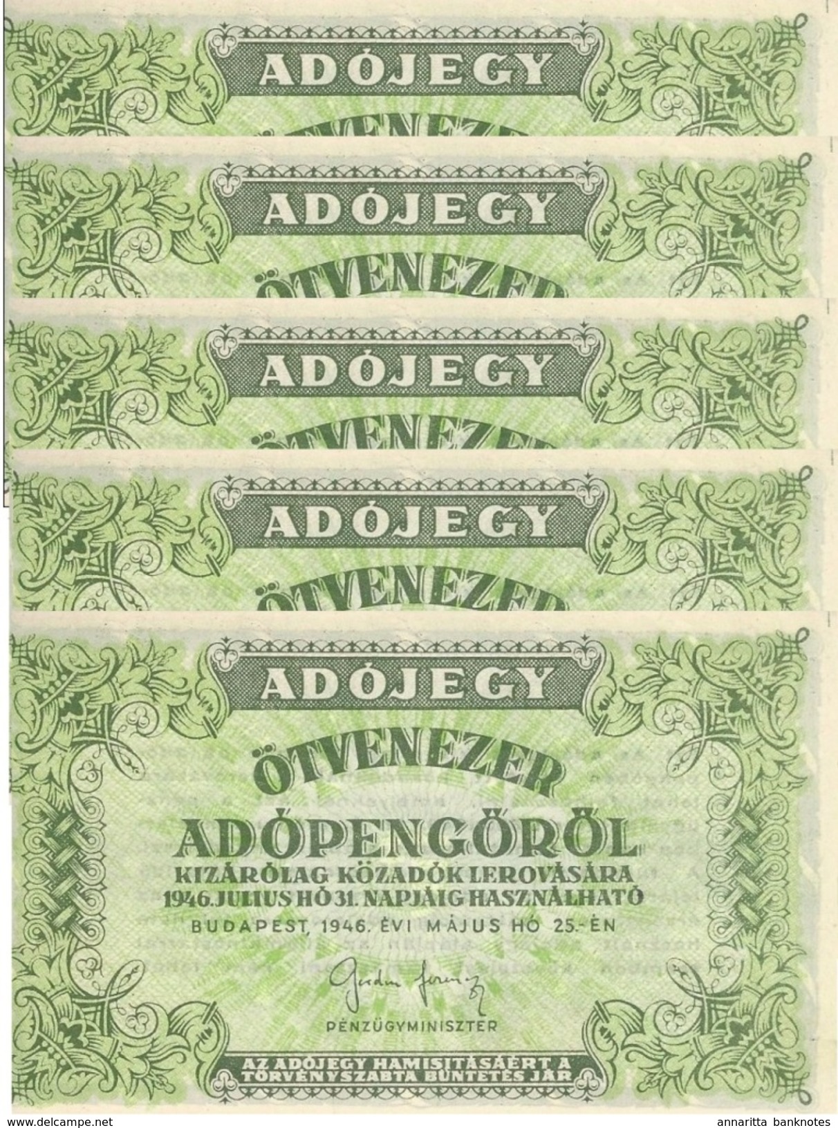 HUNGARY 50000 ADOPENGÖ 1946 P-138c UNC WITHOUT S/N 5 PCS [HU138c] - Hungary