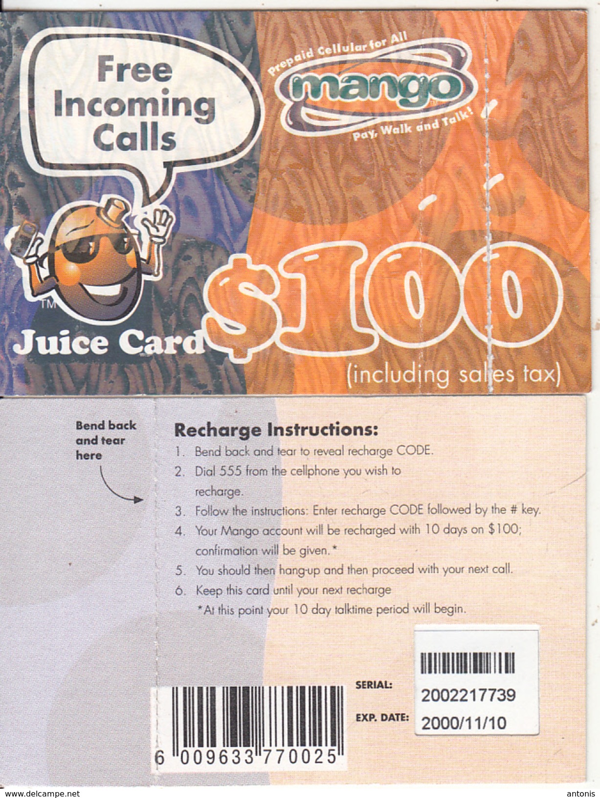 ZIMBABWE - Juice Card, Mango Recharge Card $100, Exp.date 10/11/00, Used - Zimbabwe