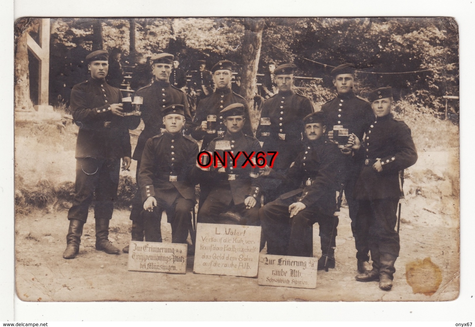 Carte Postale Photo Militaire Allemand MÜNSINGEN-Deutschland-Allemagne-Soldat-Soldaten-Camp-Läger-chope-bière-Bier-Beer - Münsingen