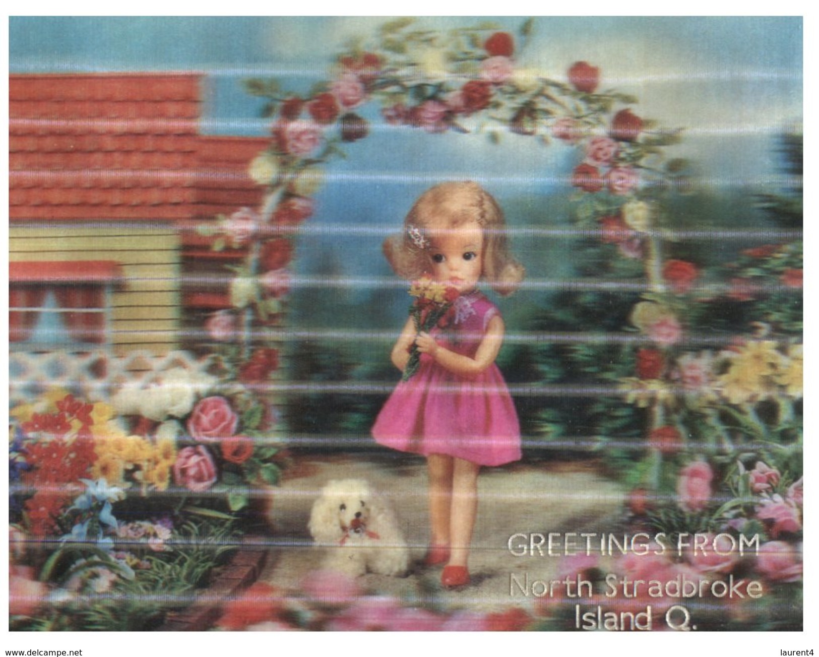(112) Australia - QLD - Greeting From North Stradbroke Island - Little Girl And Dog + Flower - 3-D Postcard - 3 Dimenion - Gold Coast