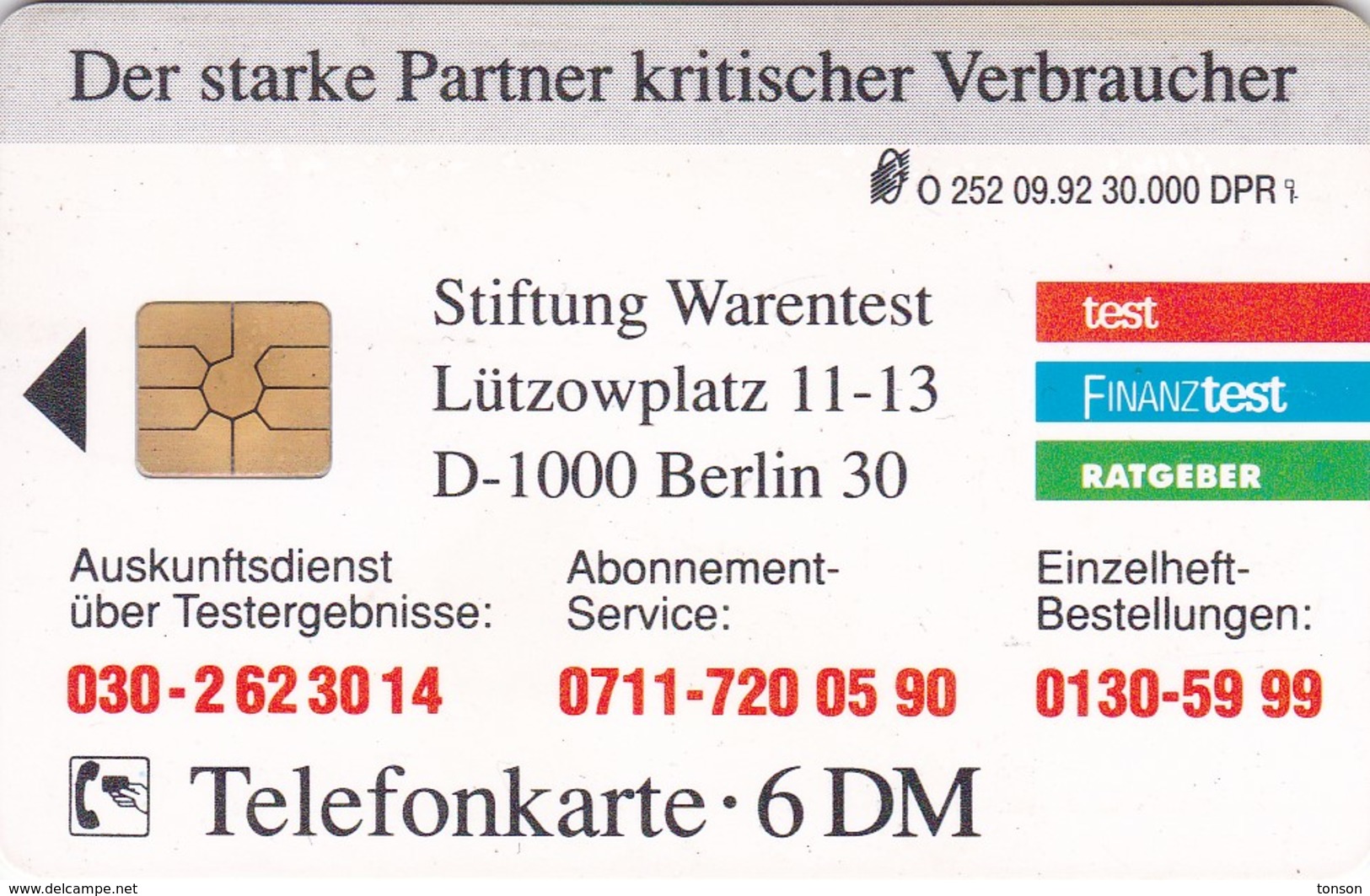 Germany, O 0252-09/92, Card Number 599, Stiftung Warentest 1 - Brandenburger Tor, Only 30000, 2 Scans. - Other & Unclassified