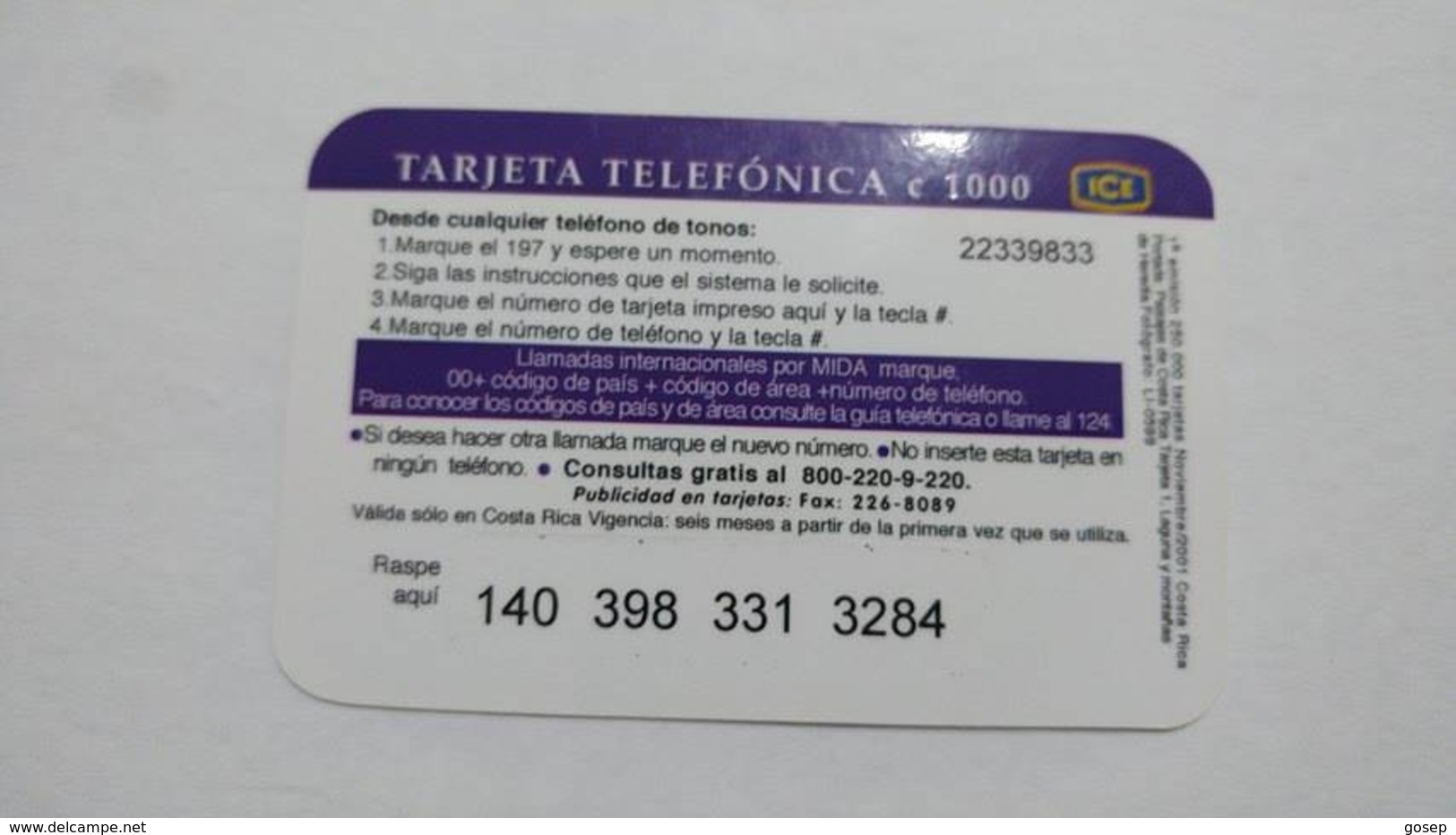 Costa Rica-servicio Colibri197-(3)-(140-398-331-3284)-(c1000)-11/200-used Card - Costa Rica