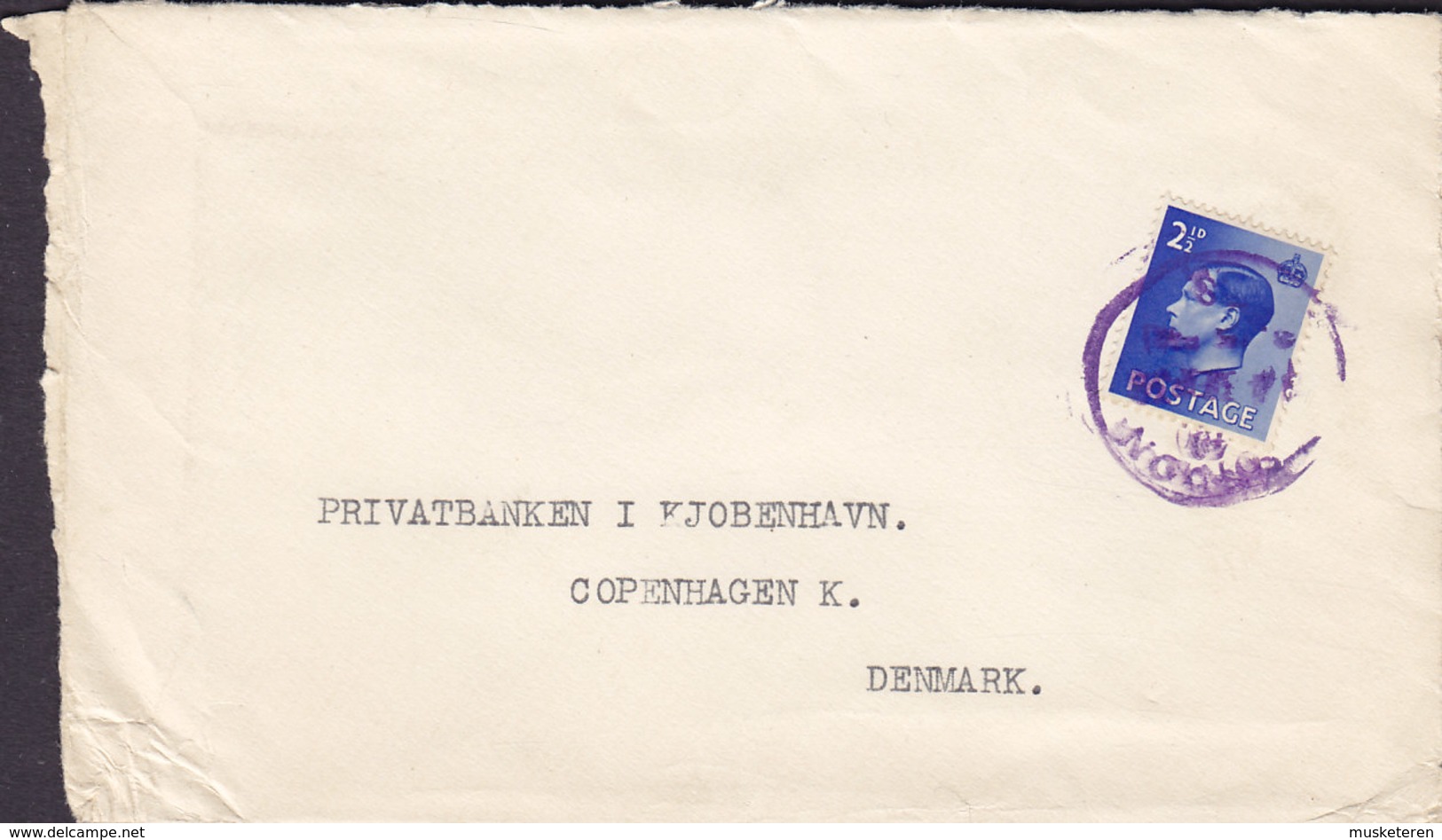 Great Britain BARCLAYS BANK (Dominion Colonial & Overseas) LONDON Purple Cds. 1937? Cover Brief Denmark EDWVIII (2 Scans - Briefe U. Dokumente