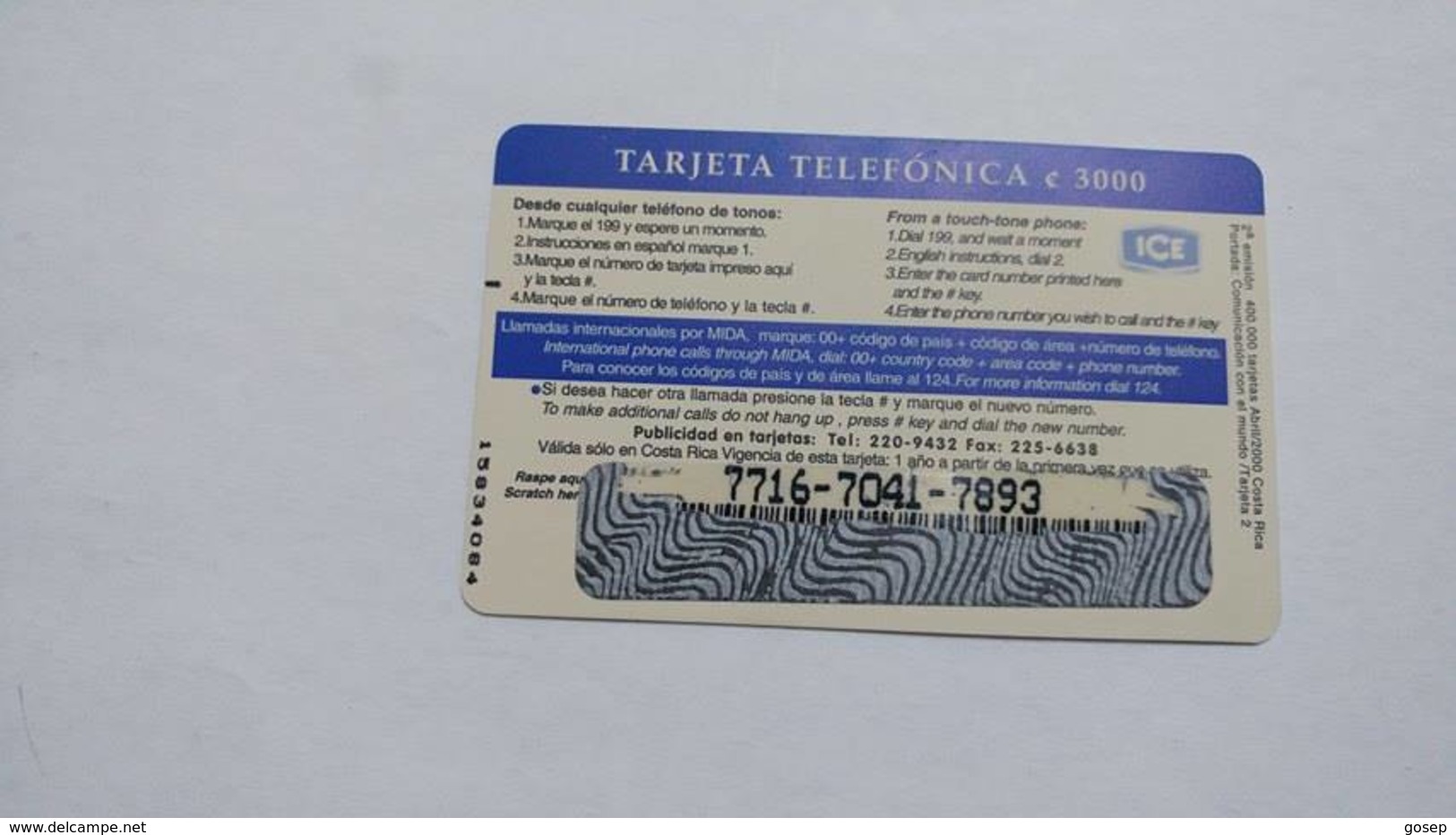 Costa Rica-servicio Colibri197-(6)-(7716-7041-7893)-(c3000)-4/2000-used Card - Costa Rica