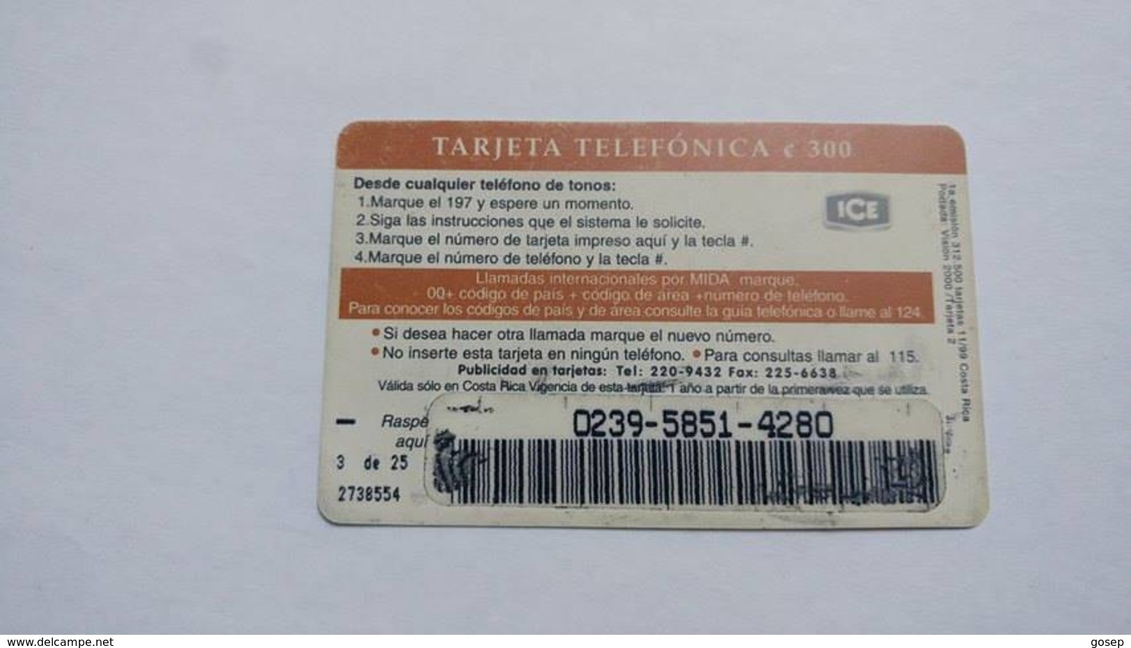 Costa Rica-servicio Colibri197--(7)-(0239-5851-4280)-(c300)-11/1999-used Card - Costa Rica