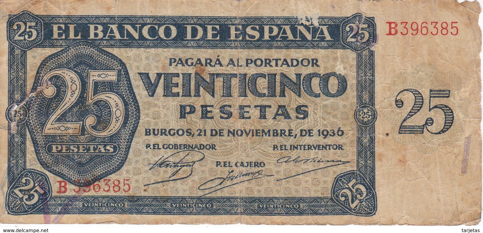 BILLETE DE ESPAÑA DE 25 PTAS DEL 21/11/1936 SERIE B (BANKNOTE) - 25 Pesetas