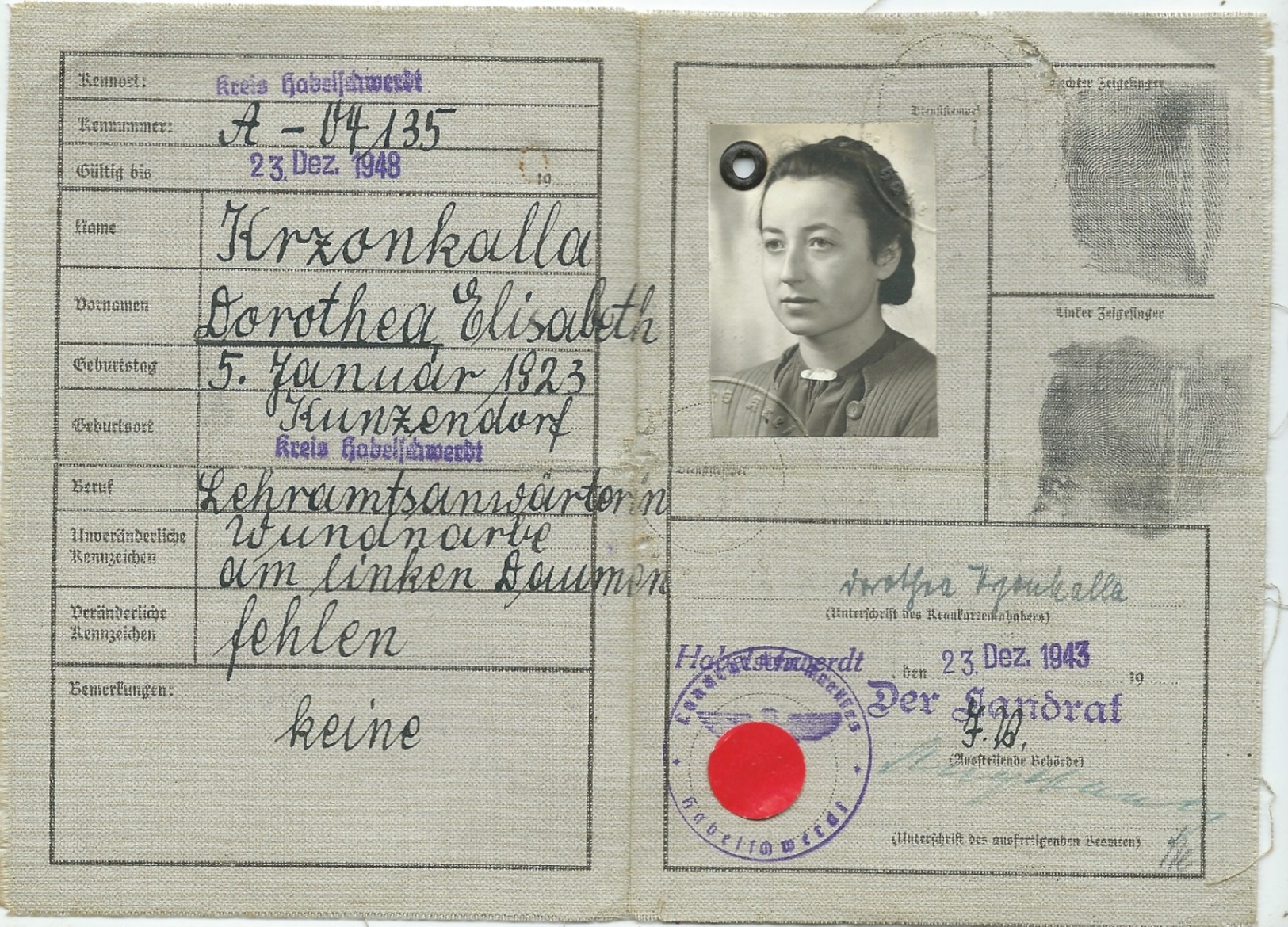 DR Kennkarte Ausgestellt In Habelschwerdt 1943 - Historische Dokumente