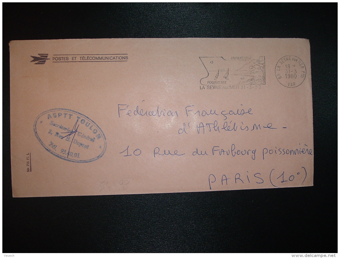 LETTRE P ET T OBL.MEC.31-3-1980 LA SEYNE SUR MER PPAL VAR (83) ASPTT TOULON - Civil Frank Covers