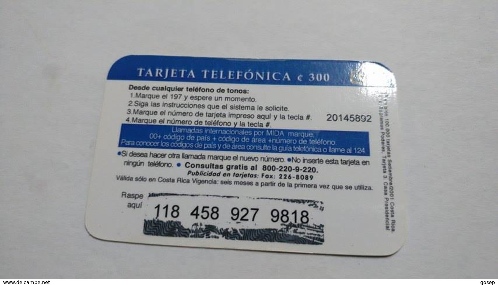 Costa Rica-servicio Colibri197-(13)-(118-458-927-9818)-(c300)-9/2001-used Card - Costa Rica