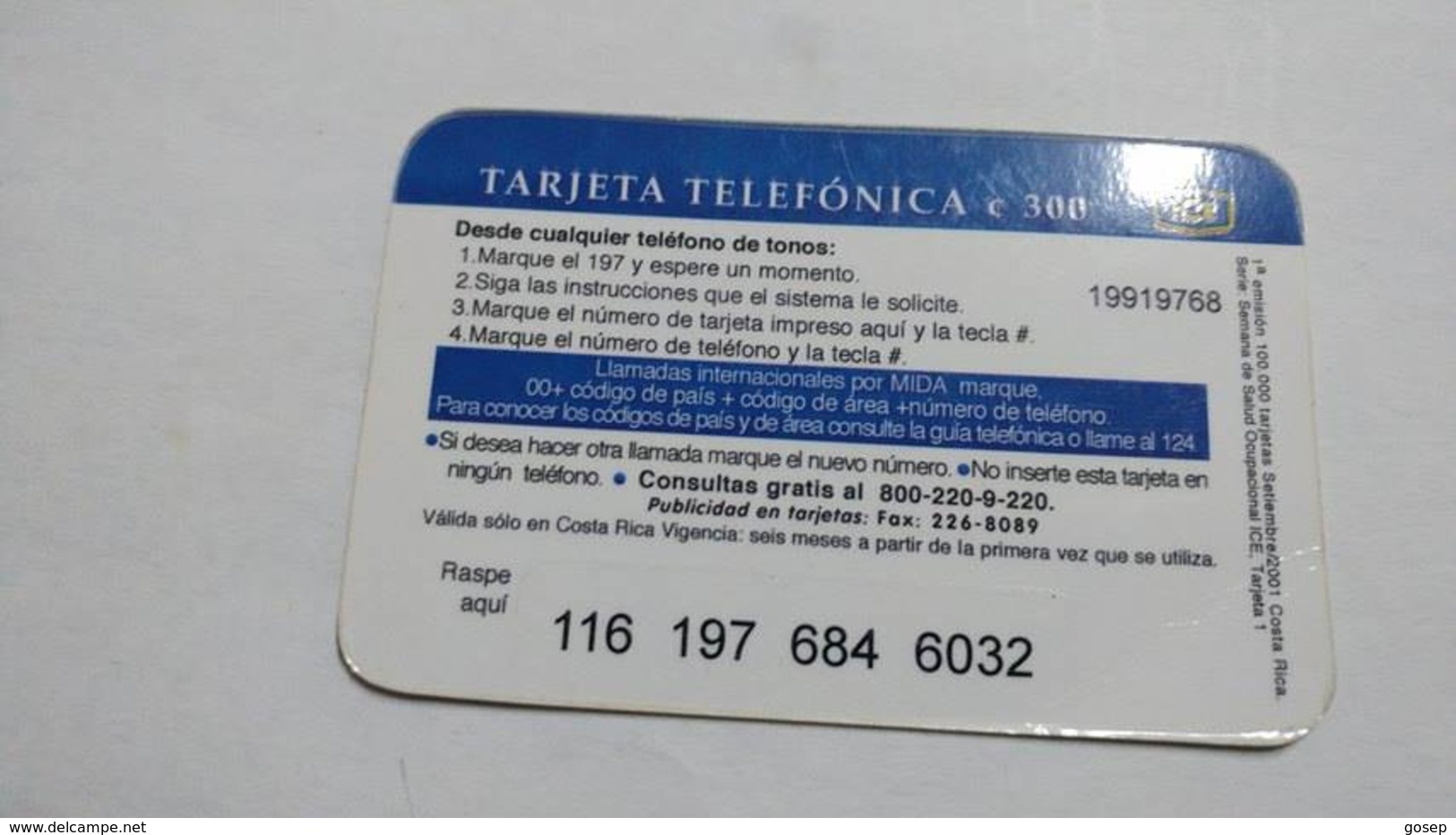 Costa Rica-servicio Colibri197-(14)-(116-197-684-6032)-(c300)-9/2001-used Card - Costa Rica