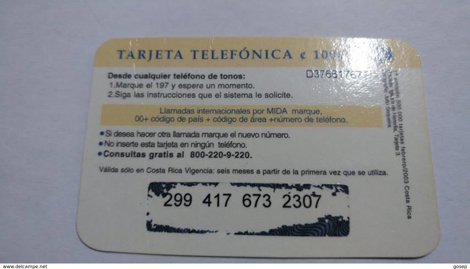 Costa Rica-servicio Colibri197-(16)-(299-417-673-2307)-(c1000)-2/2003-used Card - Costa Rica