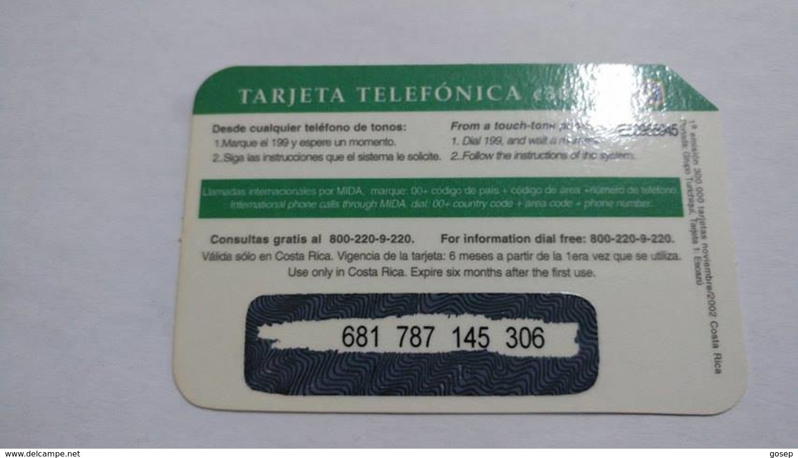 Costa Rica-servicio Colibri197-(17)-(681-787-145-306)-(c3000)-11/2002-used Card - Costa Rica