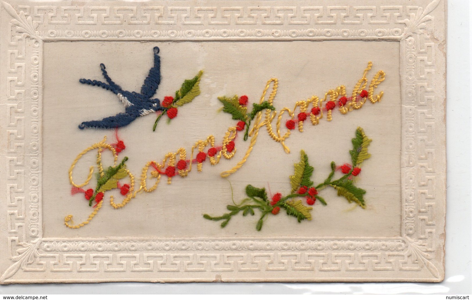 Belle Carte Brodée Fantaisie "Bonne Année" Pie Oiseau Houx Fruits Rouge Carte Brodée - Brodées