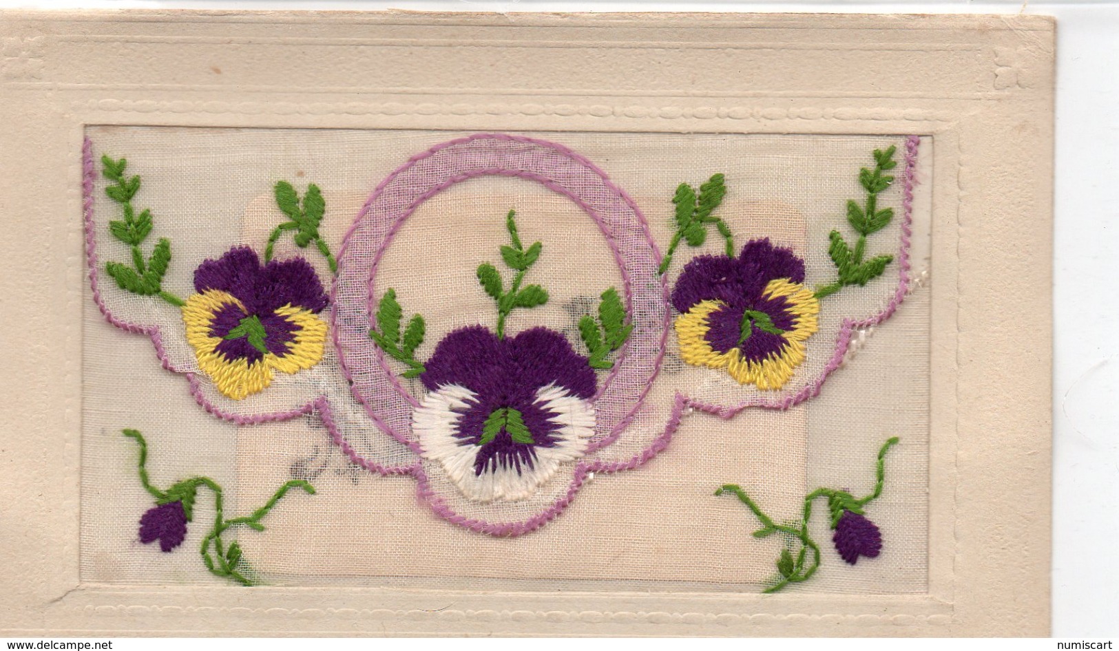 Belle Carte Brodée Fantaisie Pensées Fleurs Carte Brodée Pensée - Embroidered