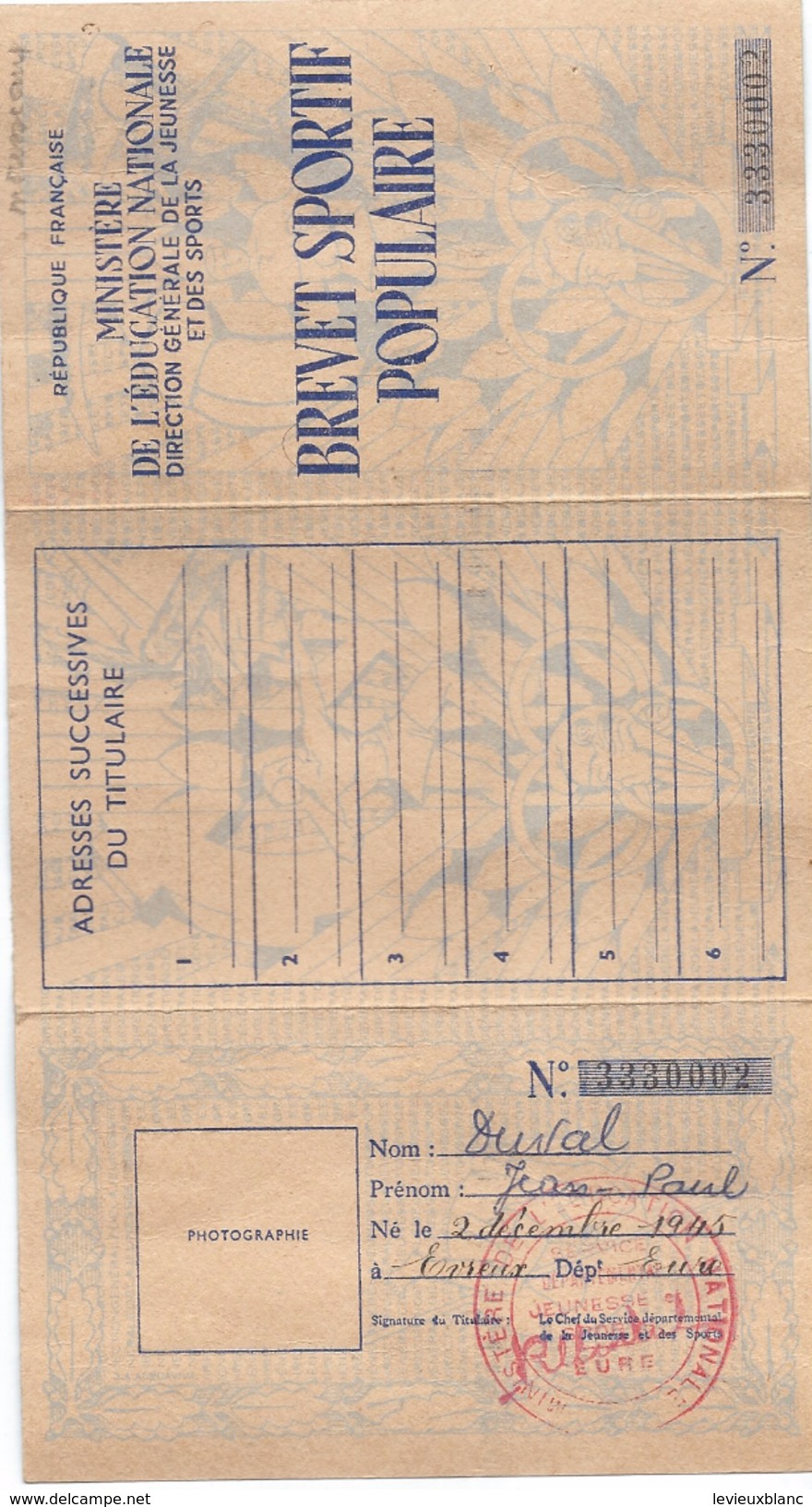 Brevet Sportif Populaire/Ministére De L'Education Nationale/Duval JP/ Evreux / 1958    SPO115 - Autres & Non Classés