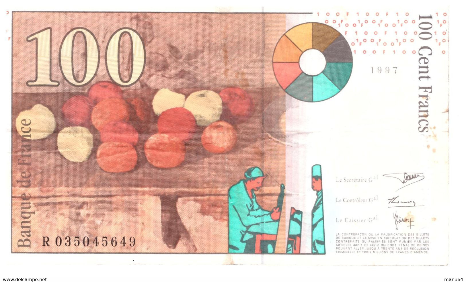 100 Francs Francais "Cézanne"  état BC - 100 F 1997-1998 ''Cézanne''