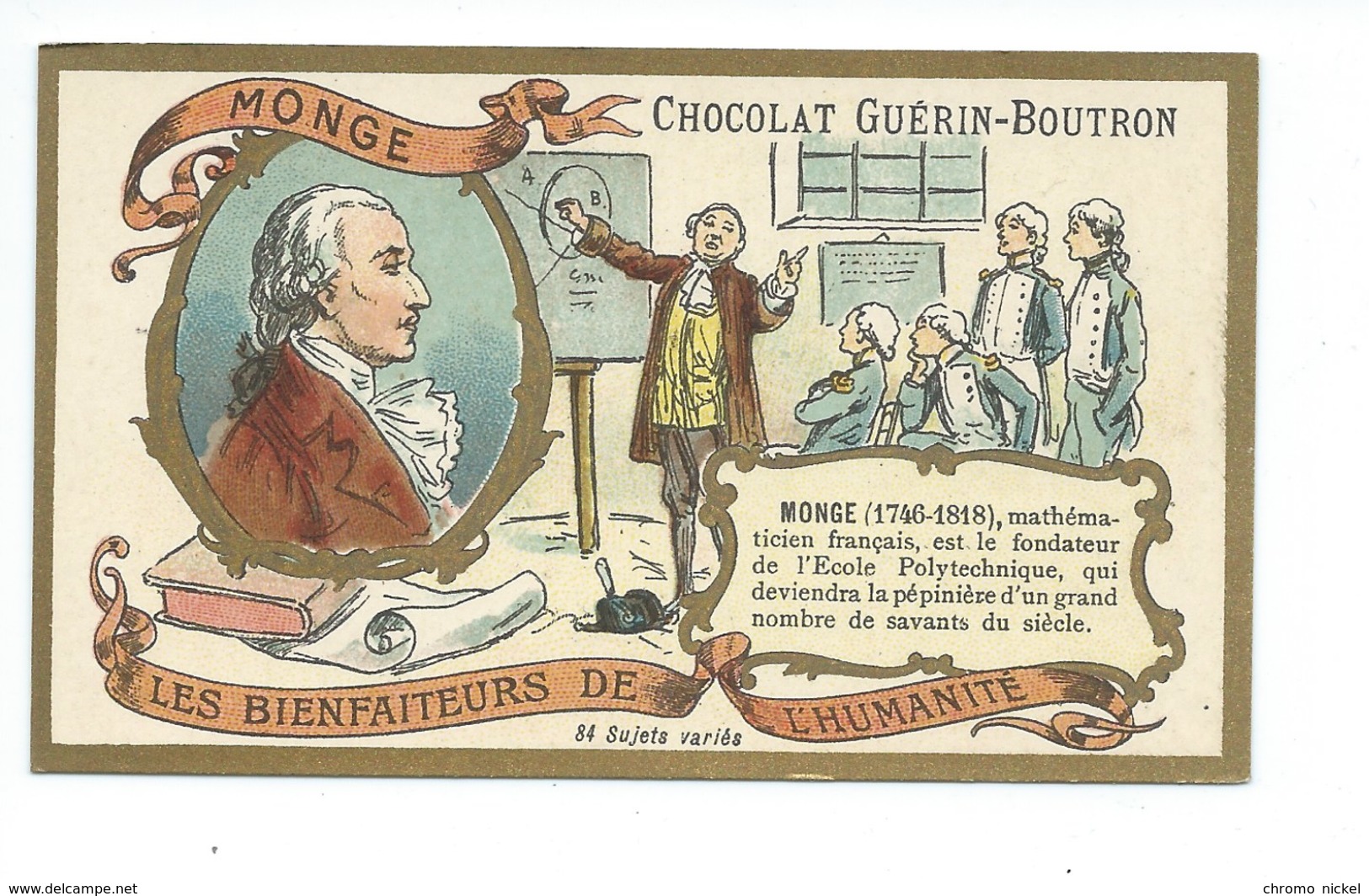 Chromo Monge Les Bienfaiteurs De L'Humanité Pub: Chocolat Guerin-Boutron 105 X 65 Mm  TB - Guérin-Boutron