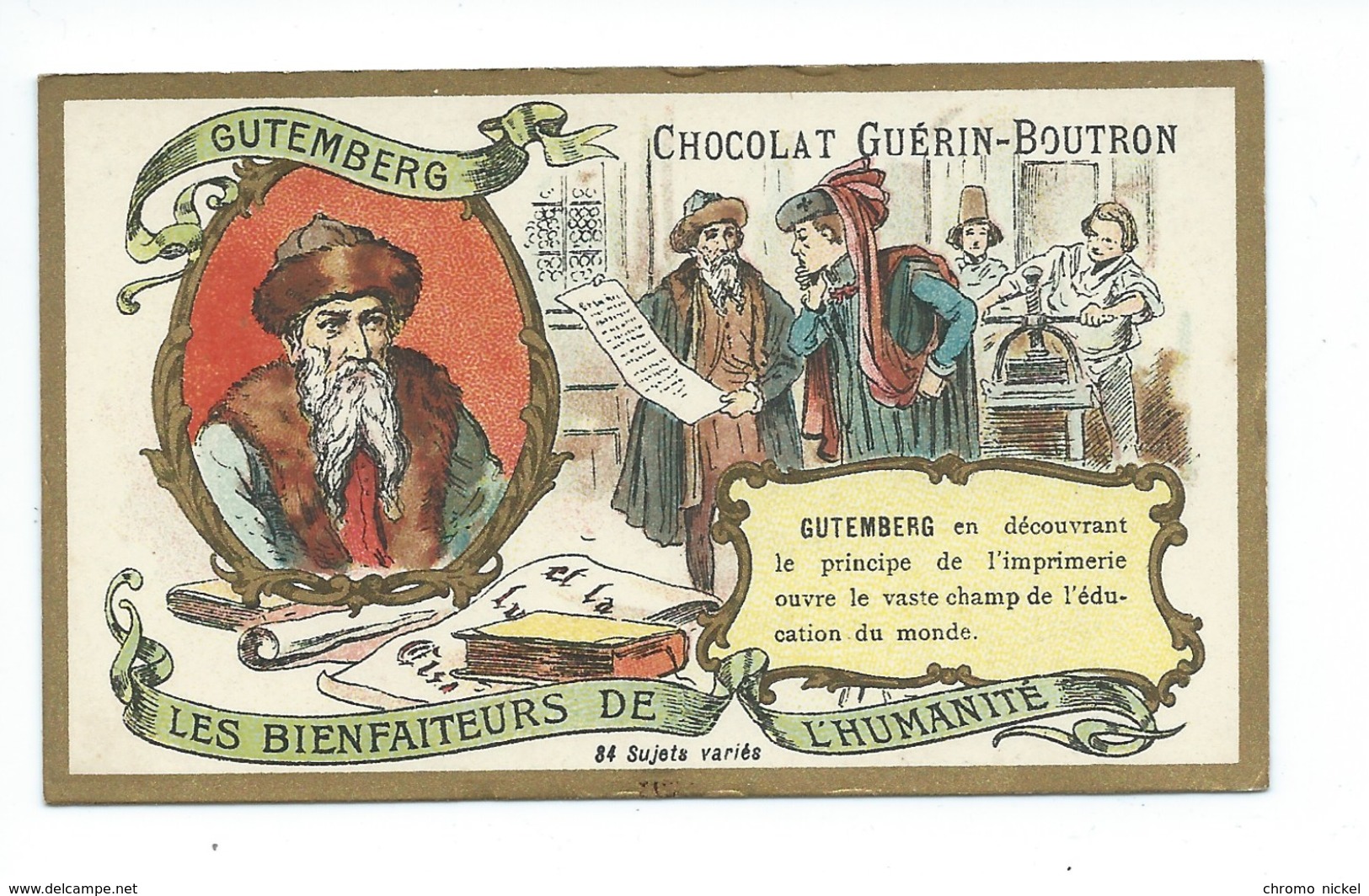 Chromo Gutemberg Les Bienfaiteurs De L'Humanité Pub: Chocolat Guerin-Boutron 105 X 65 Mm  TB - Guérin-Boutron