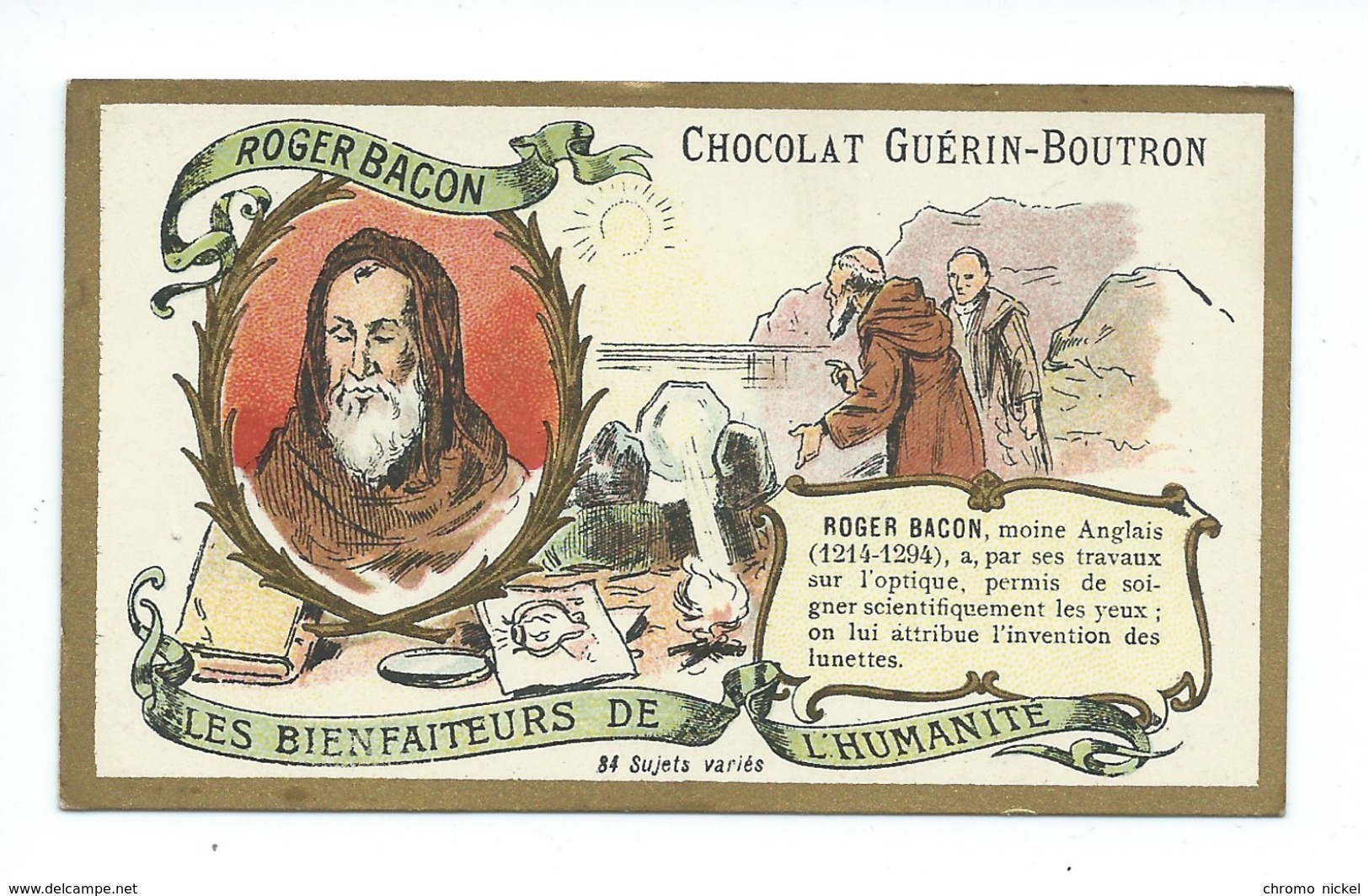 Chromo Roger Bacon Les Bienfaiteurs De L'Humanité Pub: Chocolat Guerin-Boutron 105 X 65 Mm  TB - Guérin-Boutron