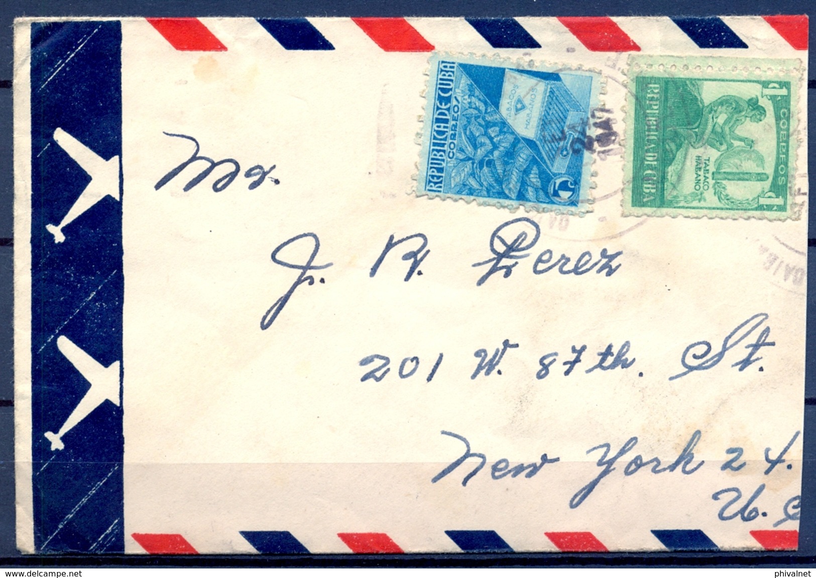 1947 , CUBA , SOBRE CIRCULADO ENTRE MAYAJIGUA Y NUEVA YORK , CORREO AÉREO , YV. 257 , 259 , TABACO CUBANO - Lettres & Documents