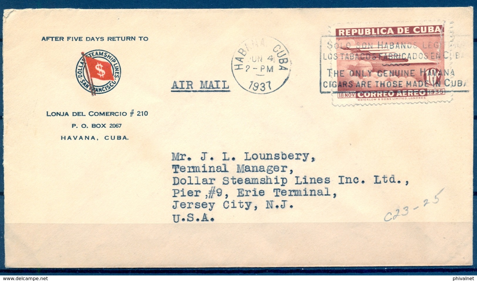 1937 , CUBA , LA HABANA - JERSEY , SOBRE DE LA DOLLAR STEAMSHIP LINES , YV. AER. 23 - Storia Postale