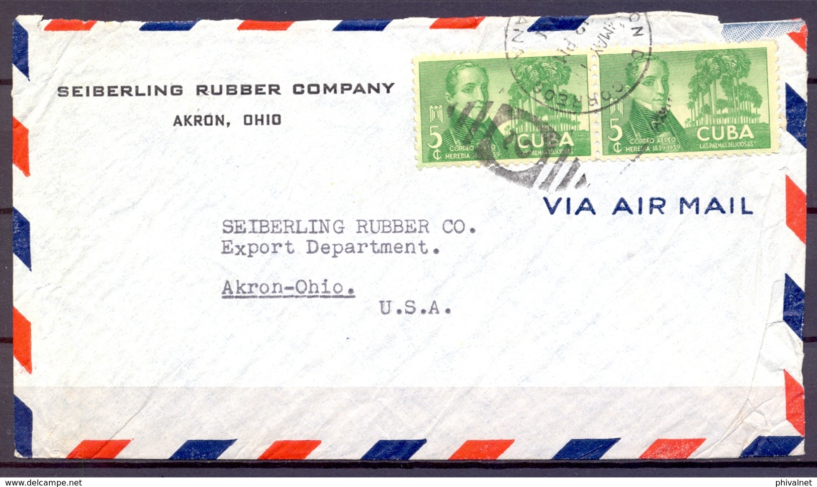 1941 , CUBA , SOBRE COMERCIAL DE LA SEIBERLING RUBBER COMPANY CIRCULADO ENTRE LA HABANA Y AKRON , YV. 33 X 2 - Briefe U. Dokumente