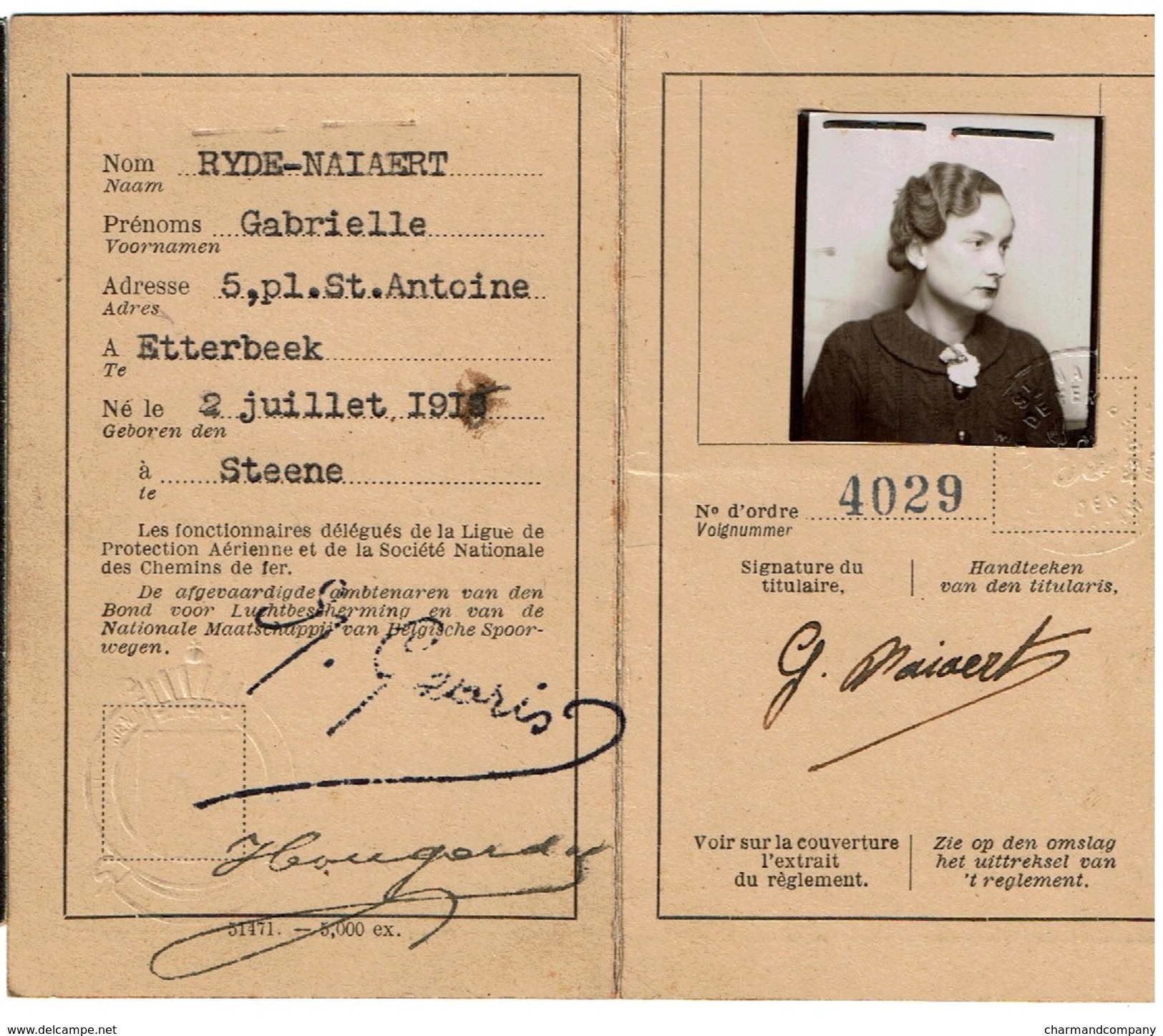 1939, Carnet D'identité Pour Volontaire De Protection Aérienne -25% Sur Les Chemins De Fer, RYDE-NAIAERT - 2 Scans - 1939-45