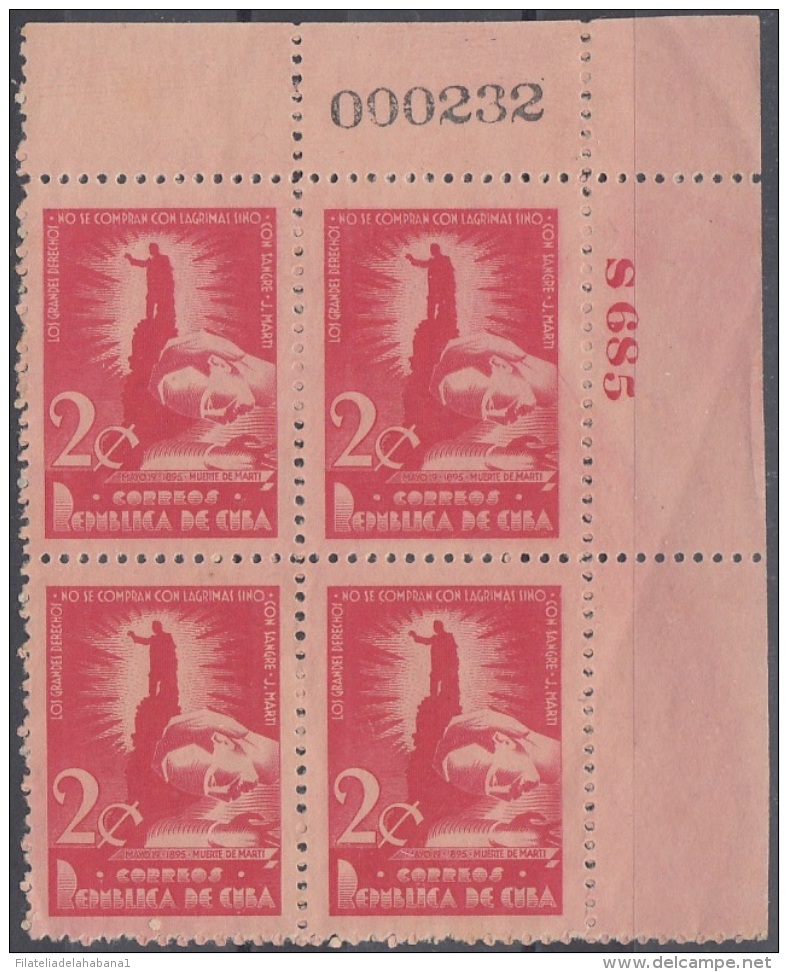 1948-210 CUBA REPUBLICA. 1948. Ed.405. JOSE MARTI PLATE NUMBERS NO GUM BLOCK 4. - Nuovi