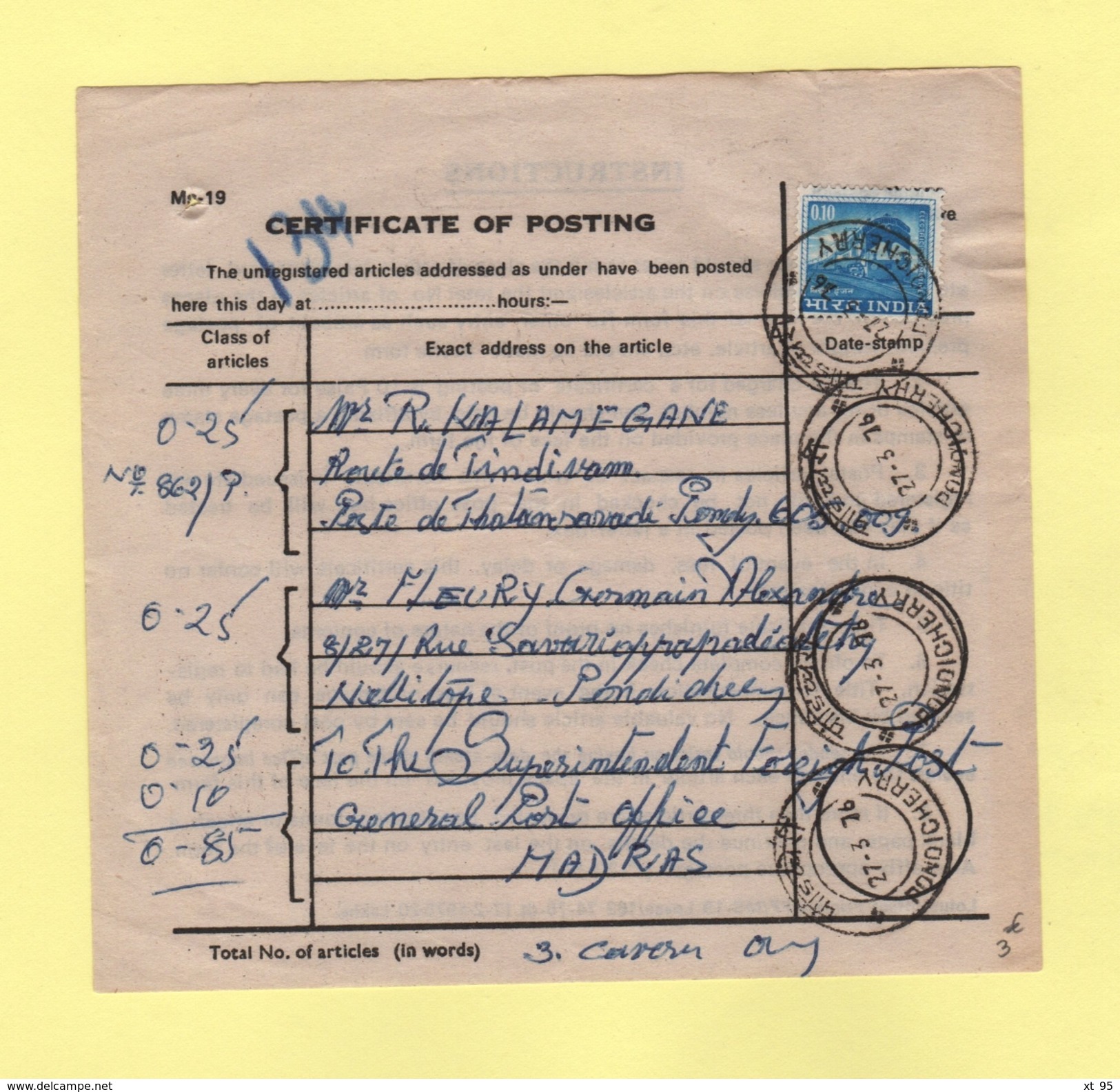 Certificate Of Posting - India - Inde - 1976 - Pondichery - Lettres & Documents