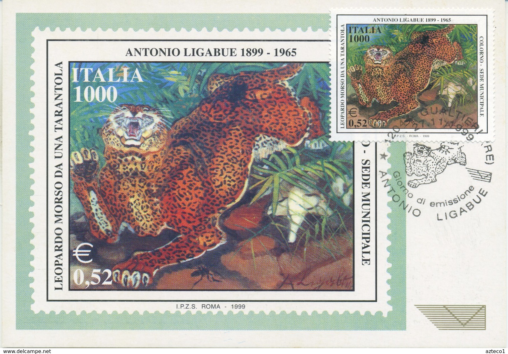 ITALIA - FDC MAXIMUM CARD 1999 - ANTONIO LIGABUE - ARTE -  ANNULLO SPECIALE GUALTIERI - Cartoline Maximum