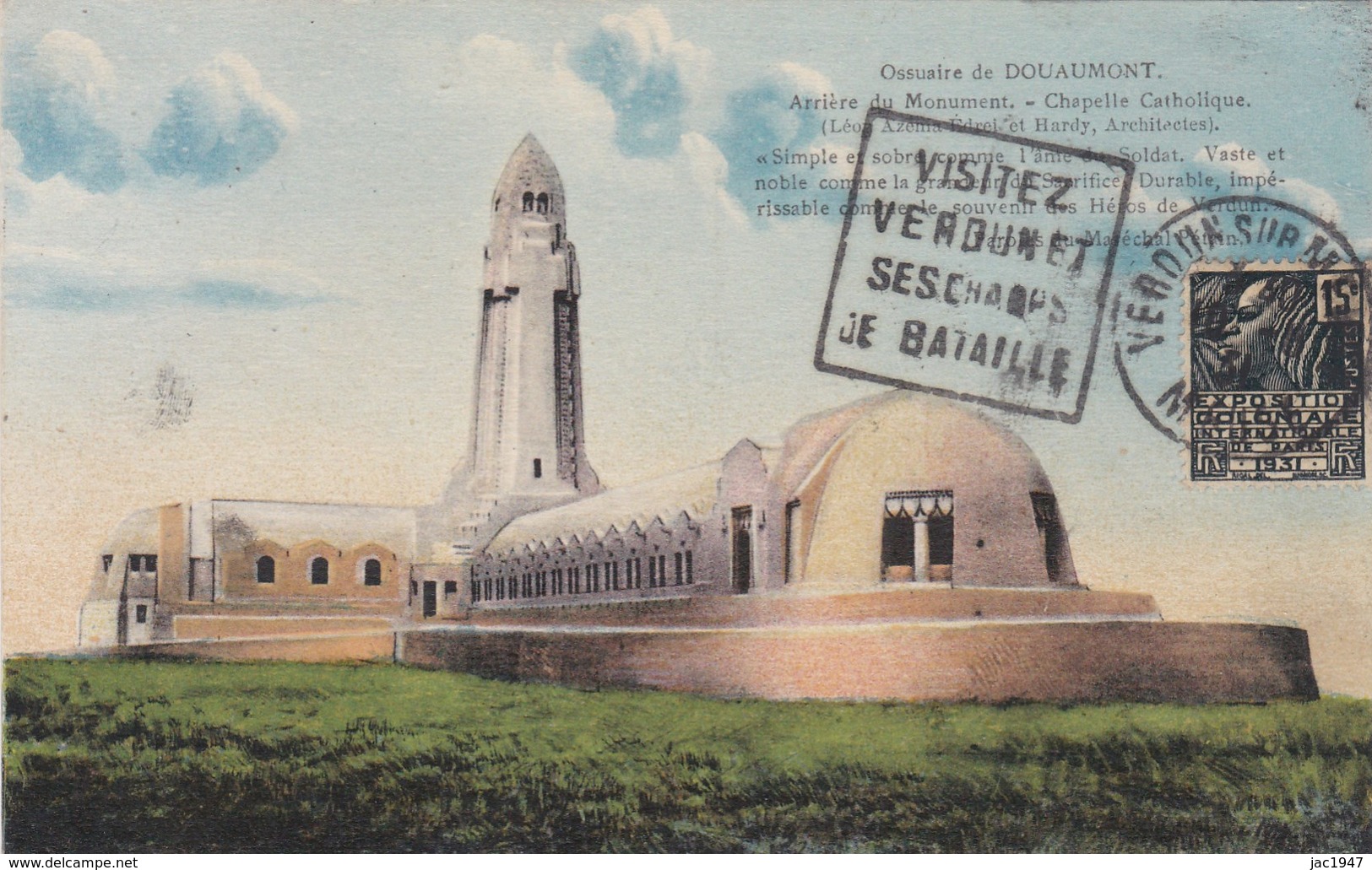 Carte Ossuaire De Douaumont De 1931. TAD De Verdun; Timbre De L'expo Coloniale - Douaumont