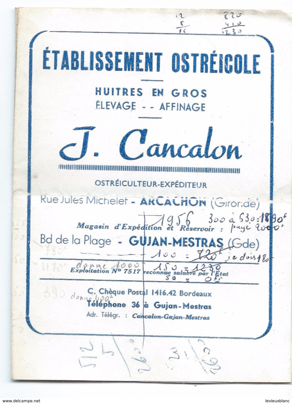 Ostréiculture/Prix De Gros/Cancalon/Arcachon/Huitres/ Henriette Et Lucien CONDOU/Gujan-Mestras/ 1954-56   VPN79 - Autres & Non Classés