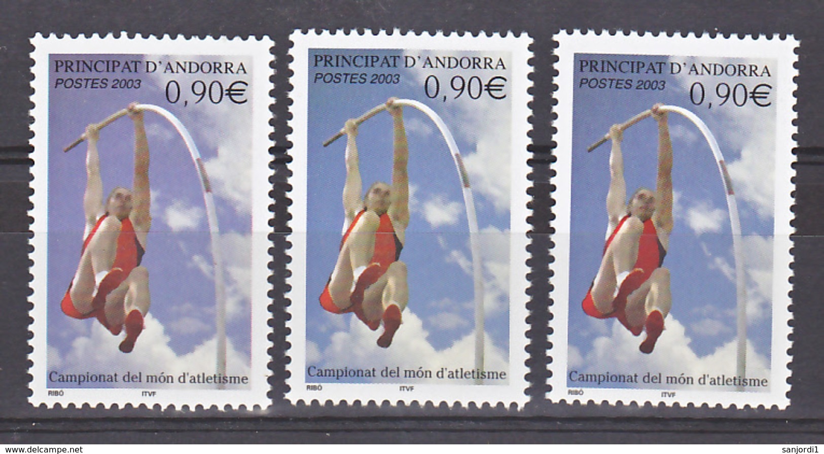 Andorre 583 Variété 3 Nuances Bleu,bleu Gris, Violet Saut à La Perche 2003 Neuf ** TB MNH - Ungebraucht