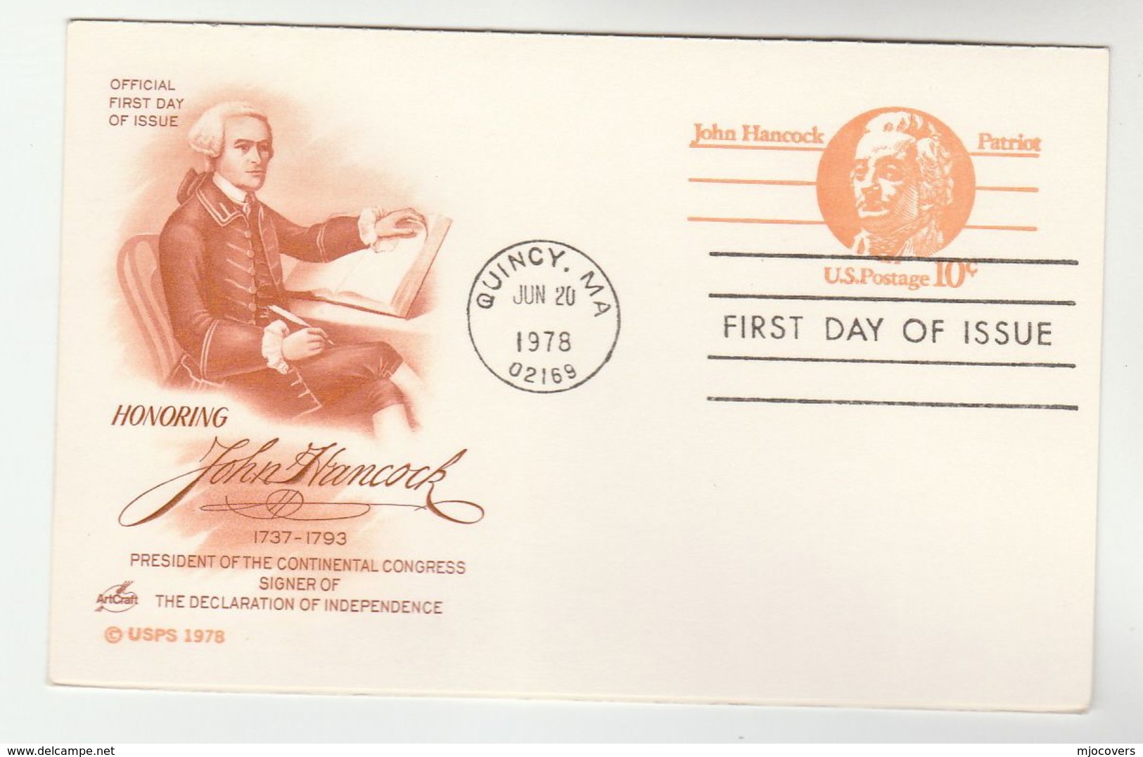 1978 Quincy Ma USA 10+10c REPLY Postal STATIONERY CARD Illus JOHN HANCOCK Fdc Stamps Cover - 1961-80