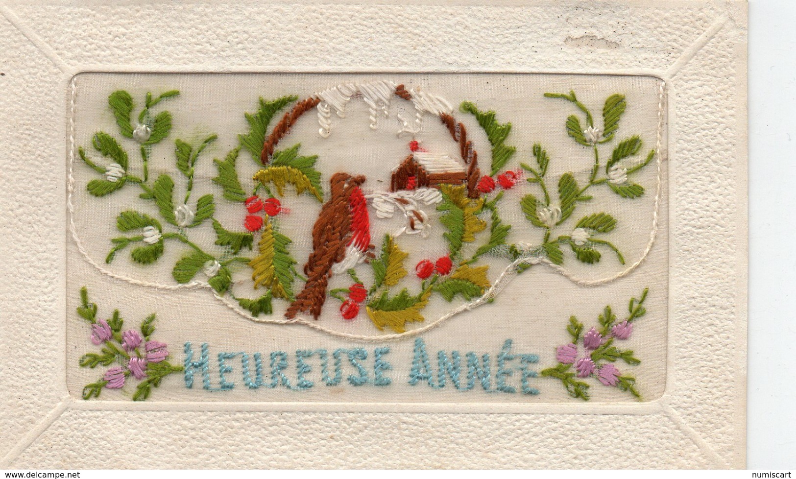 Belle Carte Brodée Fantaisie "Heureuse Année" Fleurs Oiseau Muguet Carte Brodée - Brodées