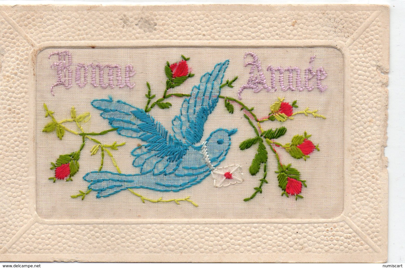 Belle Carte Brodée Fantaisie "Bonne Année" Colombe Fleurs Carte Brodée - Brodées