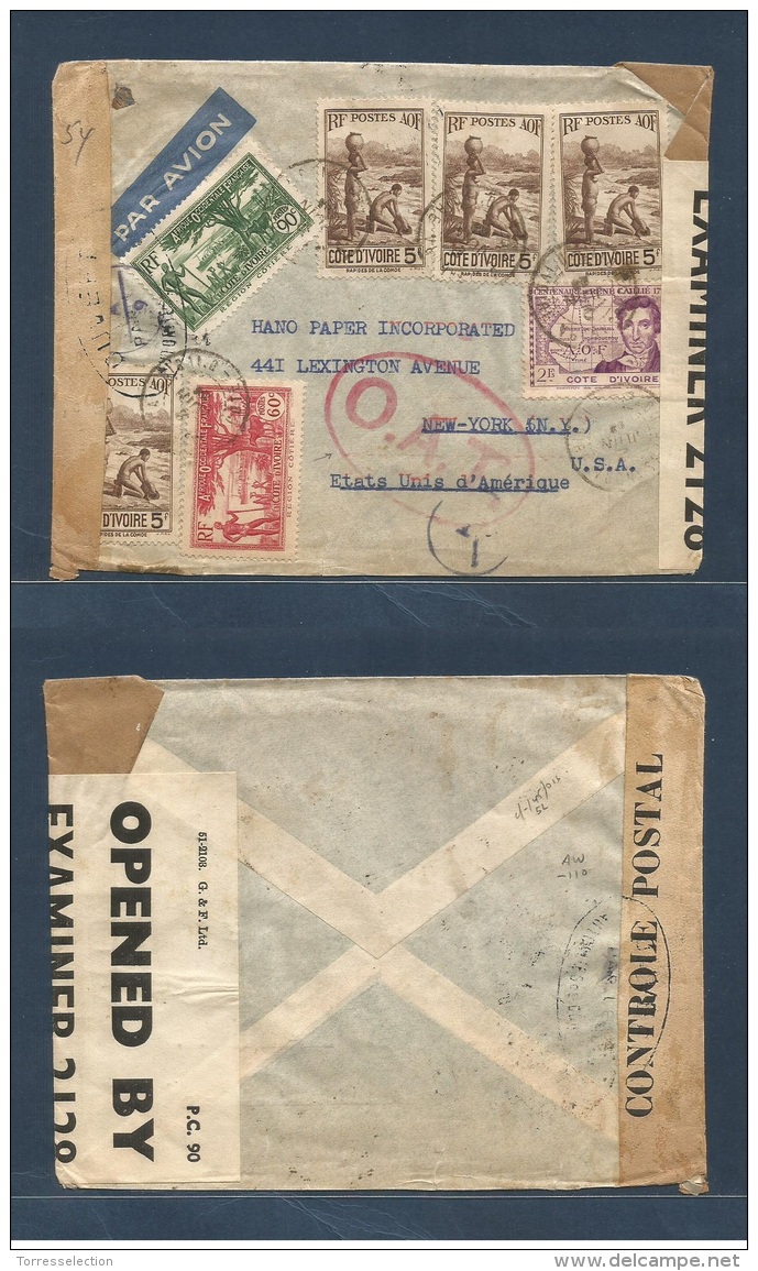 Airmails - World. 1944 (8 June) Ivory Corst - French Cols. Bassanura - USA, NYC. Air Multifkd Multicensored OAT. Red Ova - Other & Unclassified