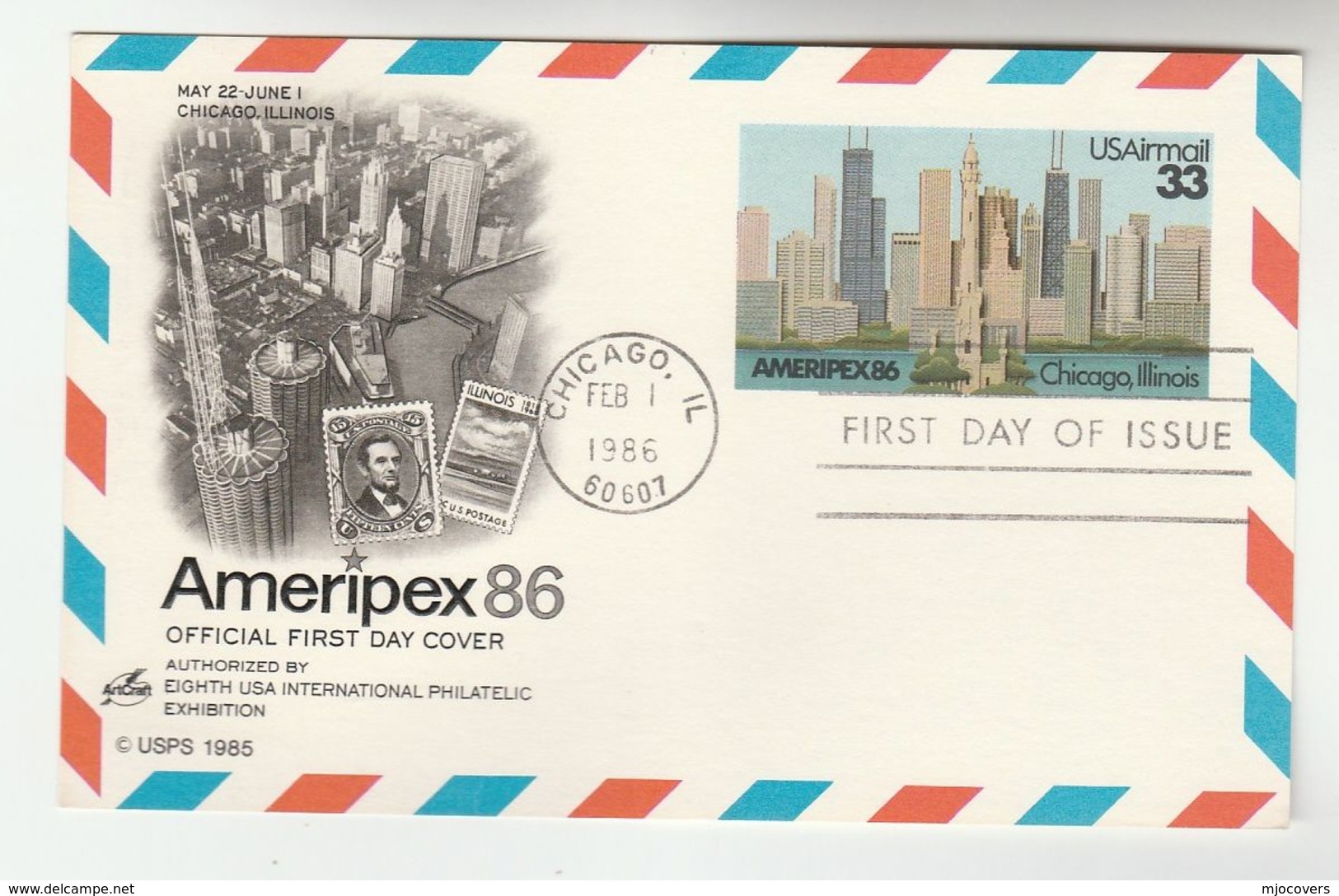 1986 Chicago USA Postal STATIONERY FDC AMERIPEX Illus CHICAGO,STAMPS, Card Philatelic Exhibition Cover - Philatelic Exhibitions