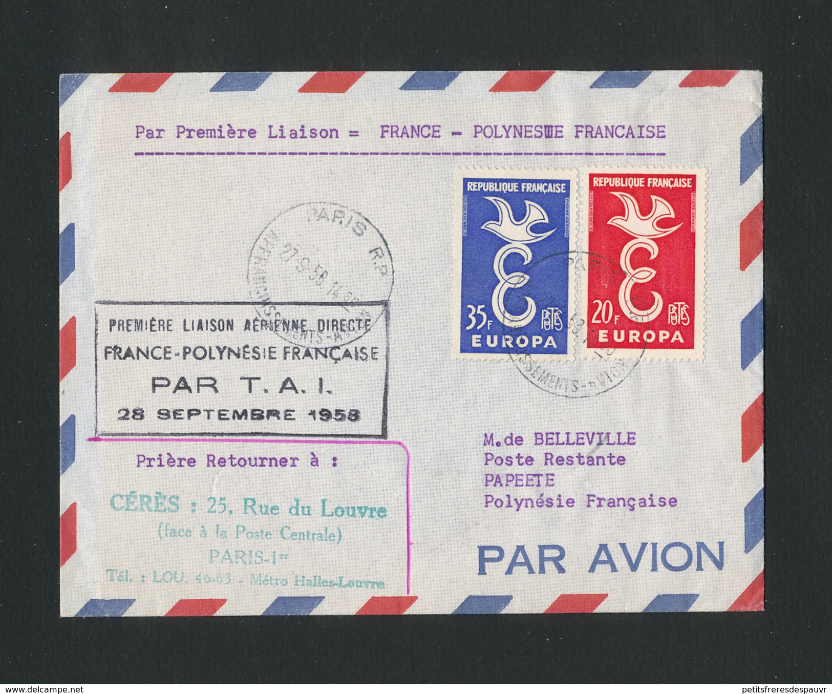FRANCE - 1ère Liaison Aérienne Directe FRANCE POLYNÉSIE Par T.A.I. 28/9/1958 - 1927-1959 Covers & Documents