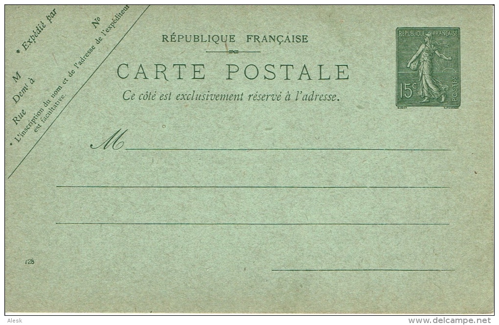 CARTE-POSTALE Semeuse Lignée 15c B1 Vert - 130-CP1 - Neuf - Cartes Postales Types Et TSC (avant 1995)