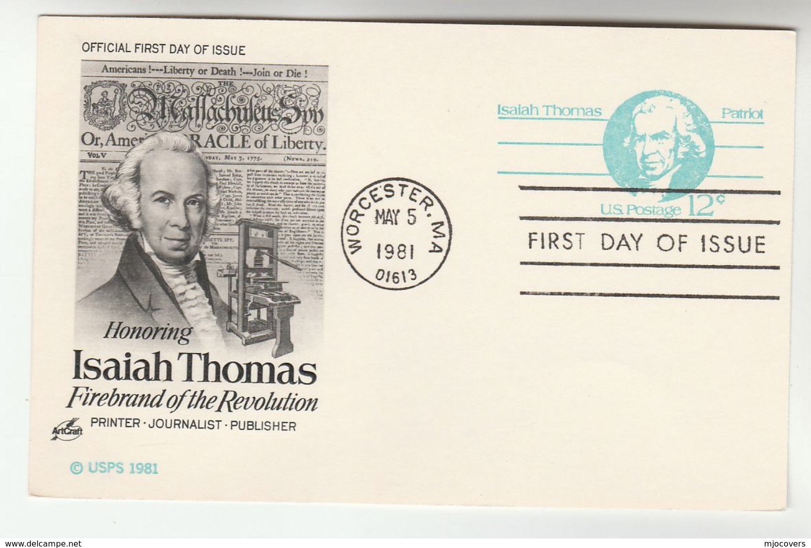 1981 Worcester USA Postal STATIONERY CARD Illus PRINTING PRESS NEWSPAPER Idaiah Thomas Stamps Cover FDC - 1981-00