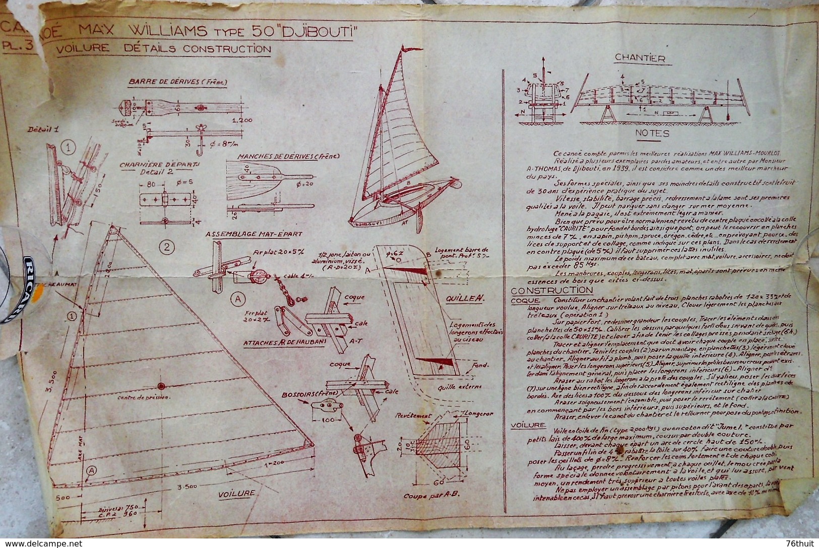 CANOE MAX WILLIAMS Type 50 "Djibouti " -  Voilier Léger Ultrarapide - Années 1939 Et Suivantes - 3 Plans à Restaurer - Autres Plans